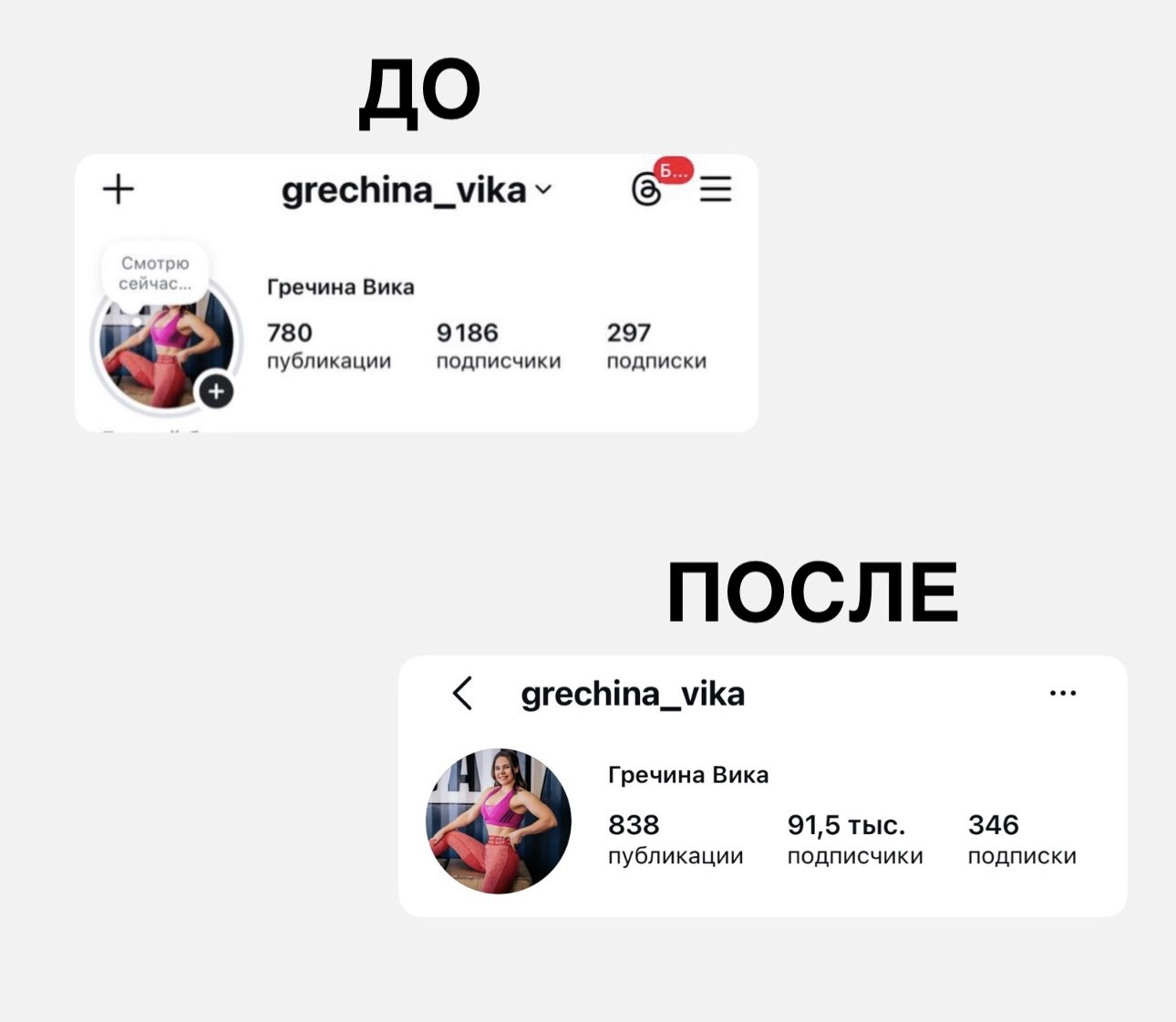 Аккаунт grechina_vika: было 9 186 подписчиков, стало 91,5 тысячи